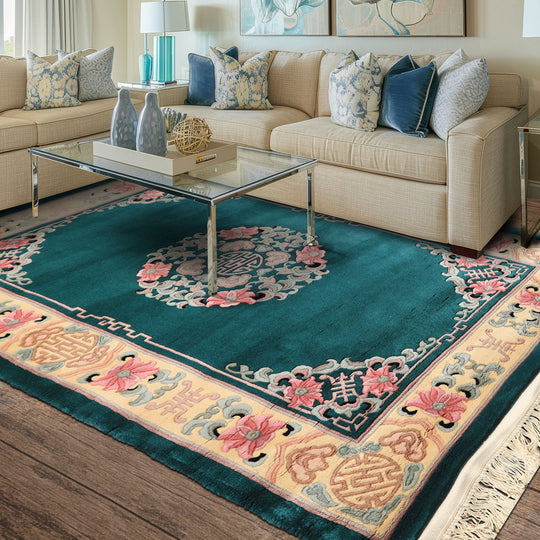 4x6 Hand Knotted Wool Emerald Chinese Art Deco Traditional Medallion Silky Sheen Plush Pile Velvety Soft Rug