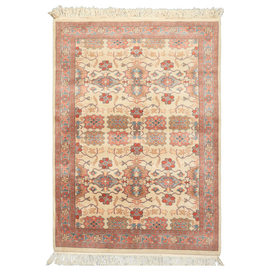 4x6 Hand Knotted New Zealand Wool Ivory Indo Kashan Traditional Geometric Pande Cameron Silky Sheen Rug