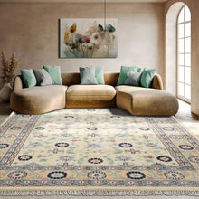 8x11 Ivory, Peach, Blue Color Hand Knotted Indo Kashan Wool Traditional Oriental Rug