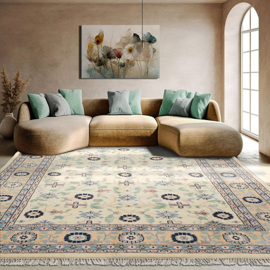 8'5''x11'7'' Hand Knotted Wool Ivory Indo Kashan Traditional Plush Pile Vintage Velvety soft Rug