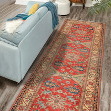 Runner Coral, Moss, Navy Color Hand Knotted Kazak Wool Traditional Oriental Rug