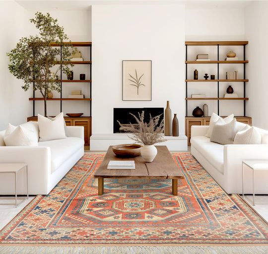 6'6''x9'8'' Hand Knotted Wool Burnt Orange Caucasian Kazak Traditional Medallion Tribal Rug