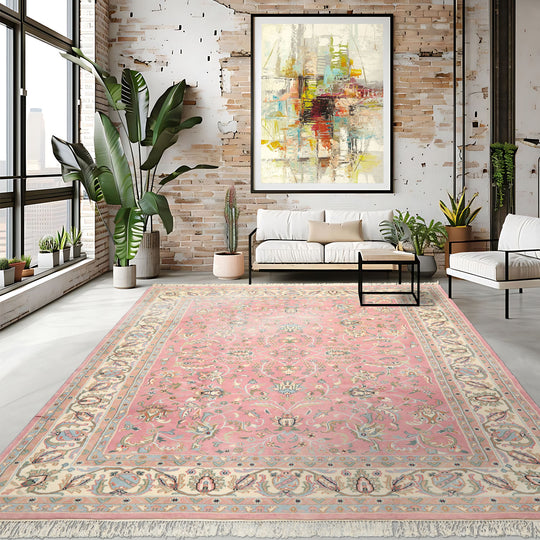 8x10'3'' Hand Knotted Wool Dusty Rose Indo Kashan Traditional Botanical Plush Pile Velvety soft Rug