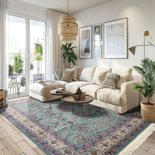 8'1''x10'4'' Hand Knotted New Zealand Wool Turquoise Indo Sarouk Traditional Botanical 200 KPSI Rug