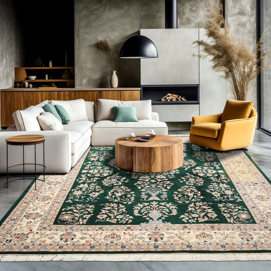 7'8''x10' Hand Knotted Wool Emerald Indo Kashan Traditional Vase Vintage Rug