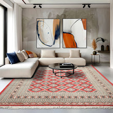 8x11 Coral, Ivory, Charcoal Color Hand Knotted Bokhara Wool Traditional Oriental Rug