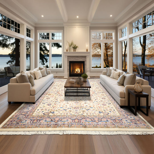 8'10''x11'9'' Hand Knotted Wool Ivory Indo Kashan Traditional Floral Plush Pile velvety Soft Rug