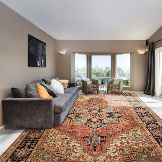 8'11''x12 Hand Knotted Wool Burnt Orange Heriz Traditional Geometric Rug