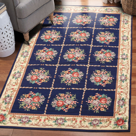 4x6 Hand Knotted Wool Navy French Aubusson Needlepoint Traditional Rug