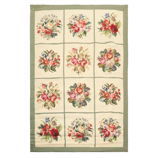 4x6 Hand Woven Wool Ivory Portugese Needlepoint Traditional Floral Panel Rug
