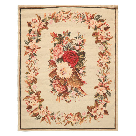 4x5 Hand Woven Wool Ivory French Needlepoint Traditional Floral Rug