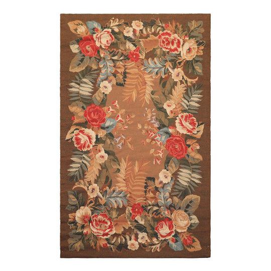 4x6'5" Hand Woven Wool Red French Needlepoint Traditional Floral Rug