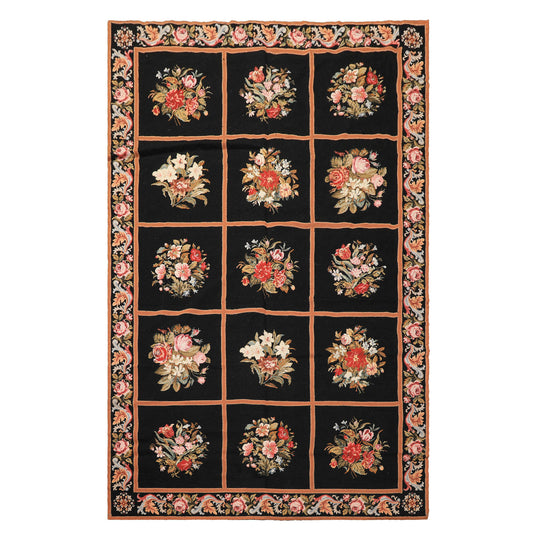 5'6"x8'6" Hand Woven Wool Black French Needlepoint Traditional Floral Panel Rug