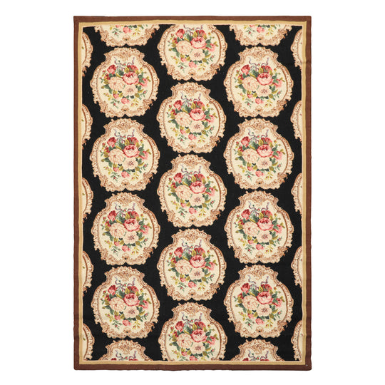 4x6 Hand Woven Wool Black French Needlepoint Traditional Floral Rug