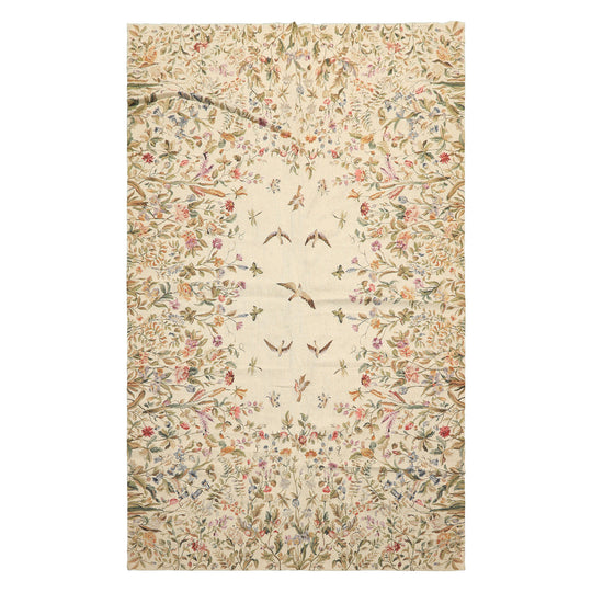 5x8 Hand Woven Wool Beige French Needlepoint Traditional Pictorial Rug