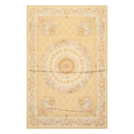 4x6 Hand Woven Wool Khaki French Aubusson Traditional Floral Rug