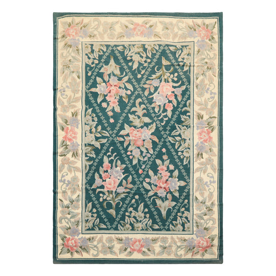4x6 Hand Woven Wool Teal French Needlepoint Traditional Floral Rug