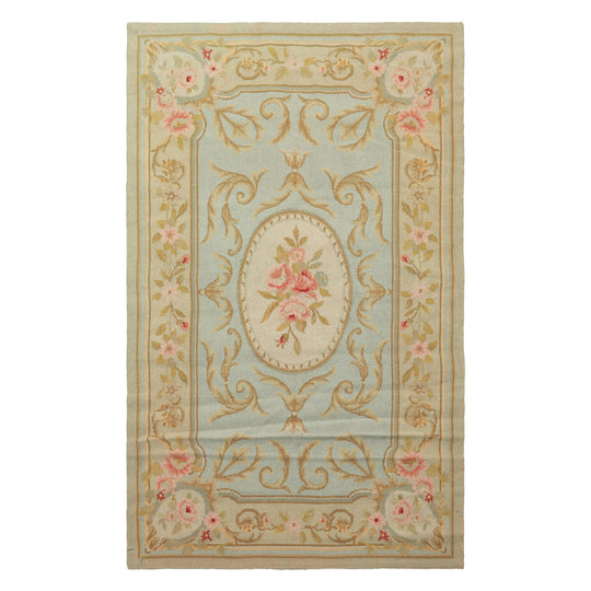 3x4'8" Hand Woven Wool Aqua French Needlepoint Traditional Floral Rug