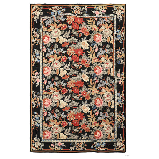 4x6 Hand Woven Wool Black French Needlepoint Traditional Floral Frenzy Rug