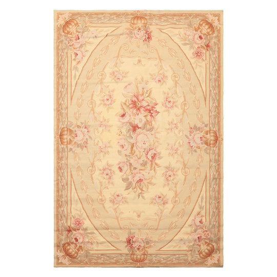 4x6 Hand Woven Wool Beige French Needlepoint Traditional Classic Rug