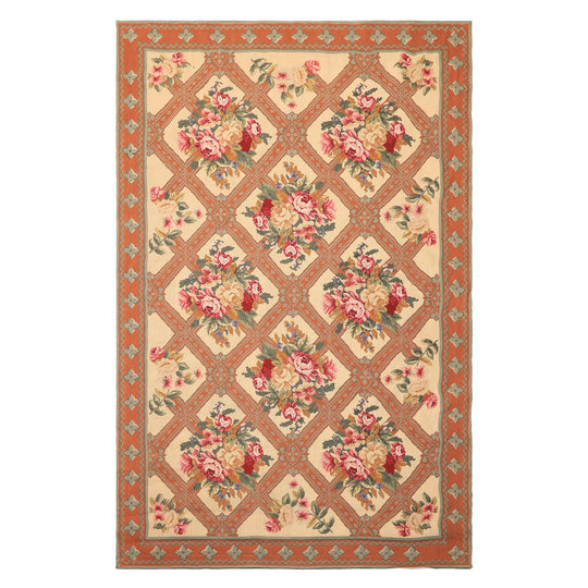 4'6"x6'10" Hand Woven Wool Light Peach French Needlepoint Traditional Floral Trellis Rug