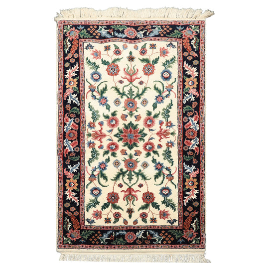 3x5 Hand Knotted Wool Ivory, Midnight Blue Indo Kashan Traditional Flatweave Rug