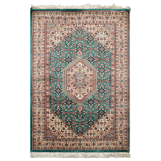 4x6 Hand Knotted Wool Green, Ivory Indo Tabriz Traditional Rug