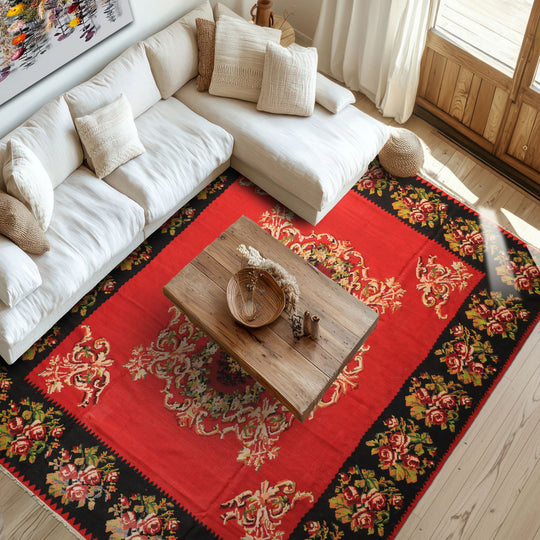 9'6''x11'9'' Hand Woven Wool Red, Charcoal Turkish Traditional Vintage Caucasian Kilim Rug