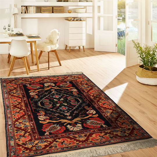 4'3''x5'2'' Hand Knotted Wool Navy, Gold Turkish Oushak Arts & Crafts Authentic Rug