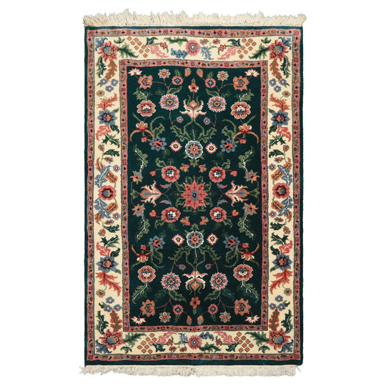 3x5 Hand Knotted Wool Emerald, Ivory Indo Kashan Traditional Floral Rug