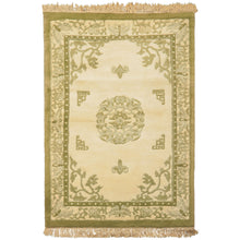4x6 Ivory, Olive, Green Color Hand Knotted Indo-Tibetan Wool Art Deco Oriental Rug