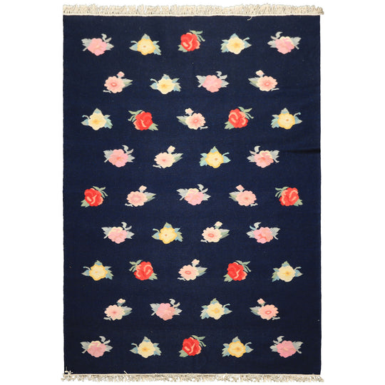 5'11''x8'10'' Hand Woven Wool Navy, Multi Flatweave Kilim Transitional Caucasian Style Rug