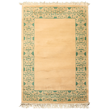 4x6 Hand Knotted Wool Tan, Green Indo Tibetan Transitional Bordered Plush Pile Rug