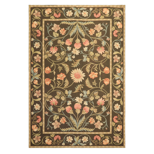 6x9 Hand Woven Wool Green, Gold French Aubusson Needlepoint Traditional Botanical Rug