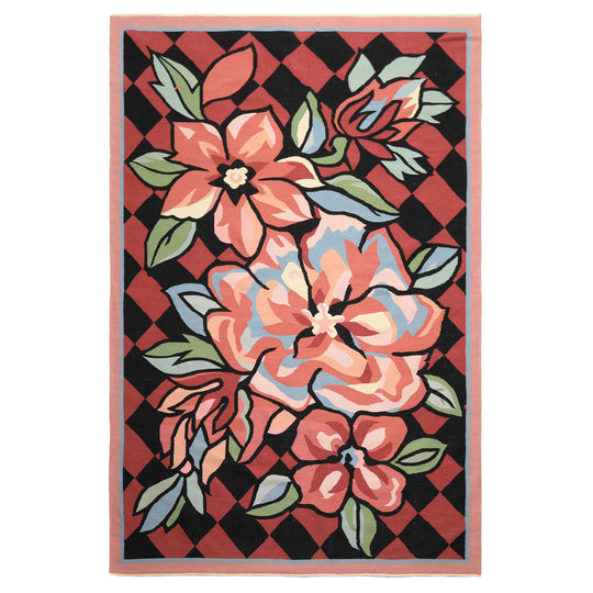 6x9 Hand Woven Wool Rose, Black Flatweave Kilim Contemporary Floral Reversible vintage Rug