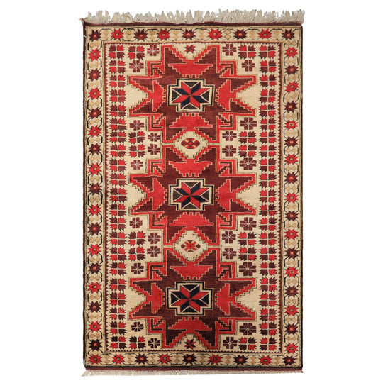 3'6''x5'9'' Hand Knotted Wool Ivory, Red Turkish Kula Traditional Geometric Tribal Rug