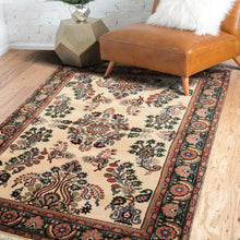 4x6 Ivory, Green, Rose Color Hand Knotted Indo Sarouk New Zealand Wool Traditional Oriental Rug