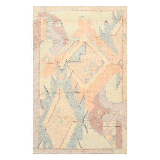 4x6'3'' Hand Knotted Wool Ivory, Aqua Indo Tibetan Art Deco Plush Pile Rug