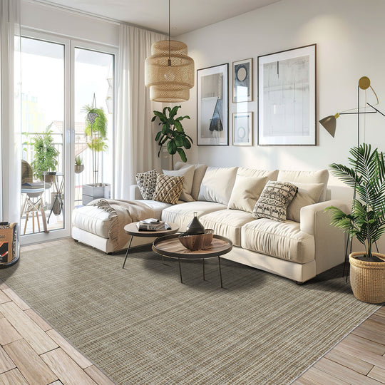 8x10 Hand Loomed Wool & Jute Tan Ivory Modern & Contemporary Textured/ Grid Loop N Cut Pile Area Rug