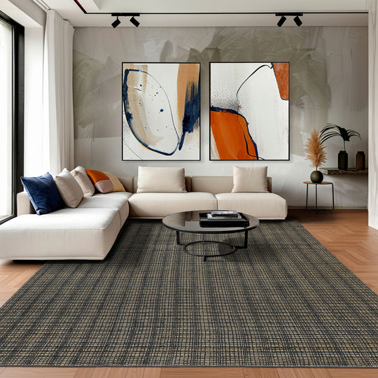 8x10 Hand Loomed Wool & Jute Tan Black Modern & Contemporary Textured/ Grid Loop N Cut Pile Area Rug