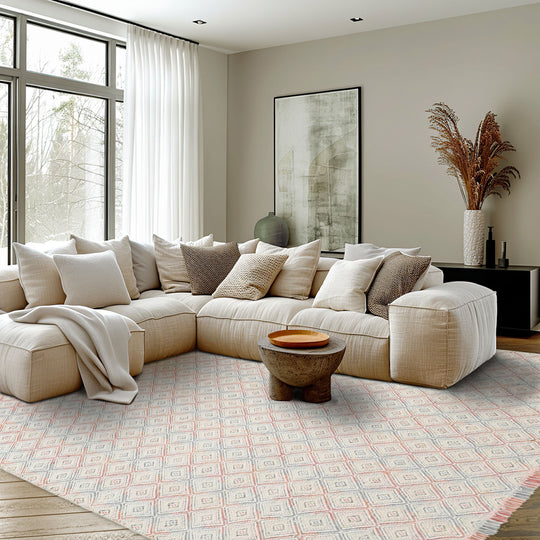 Multi Size Hand Woven Wool Coral White Modern & Contemporary Repeat Pattern Funk Flatweave Area Rug