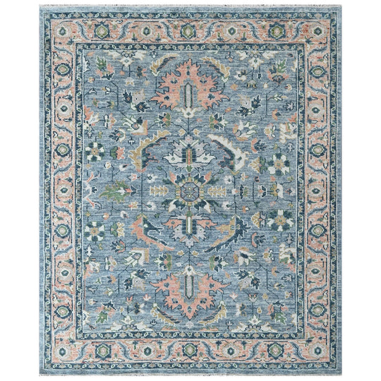 8x10 Hand Knotted Wool Blue, Pink Oushak Arts and Crafts Rug