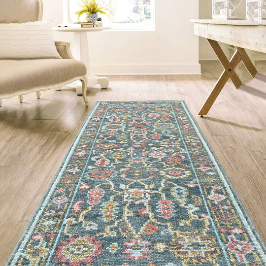 Multi Size Hand Knotted Wool Teal, Blush Oushak Arts and Crafts Rug