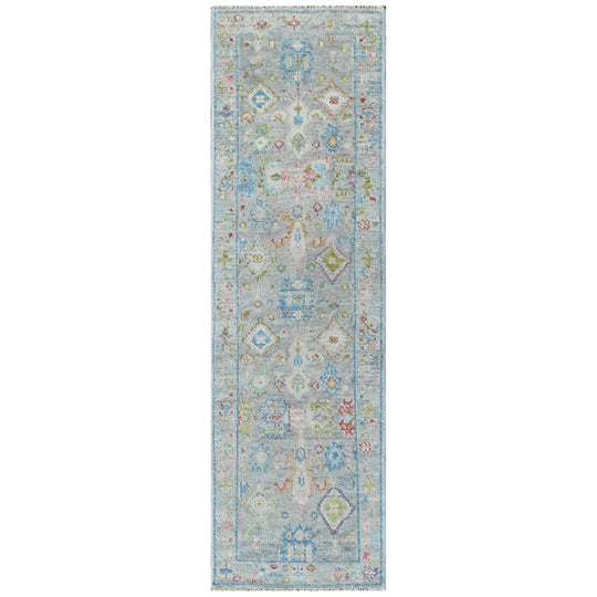2'6''x9 Hand Knotted Wool Lime, Aqua Oushak Arts and Crafts Rug