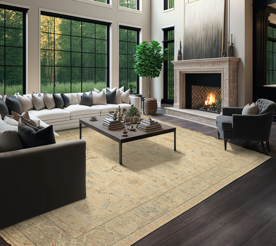 8'6''x11'6'' Hand Knotted Wool Beige, Faded Mint Oushak Arts & Crafts Rug