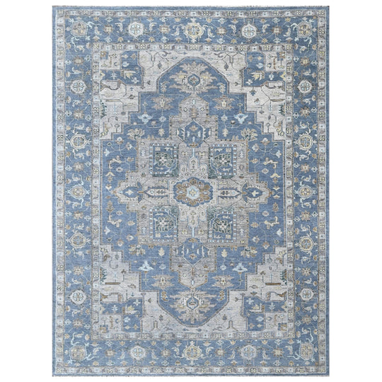 8'11''x12 Hand Knotted Wool Blue, Beige Oushak Heriz Rug