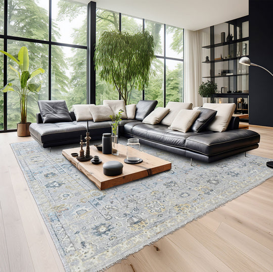 Multi Size Hand Knotted Wool Mint, Gray Oushak Transitional Rug