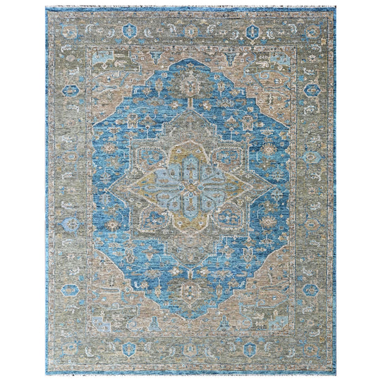 8'10''x11'8'' Hand Knotted Wool Aqua, Brown Oushak Heriz Rug
