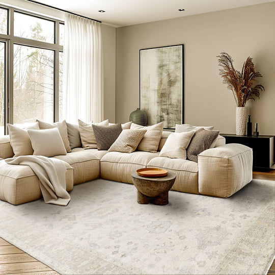 Multi Size Hand Knotted Wool Beige, Taupe Oushak Transitional Rug