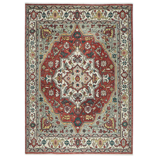 10'2''x13'10'' Hand Knotted Wool Rust Oushak Geometric Curvilinear Medallion-and-Corner Heriz Rug